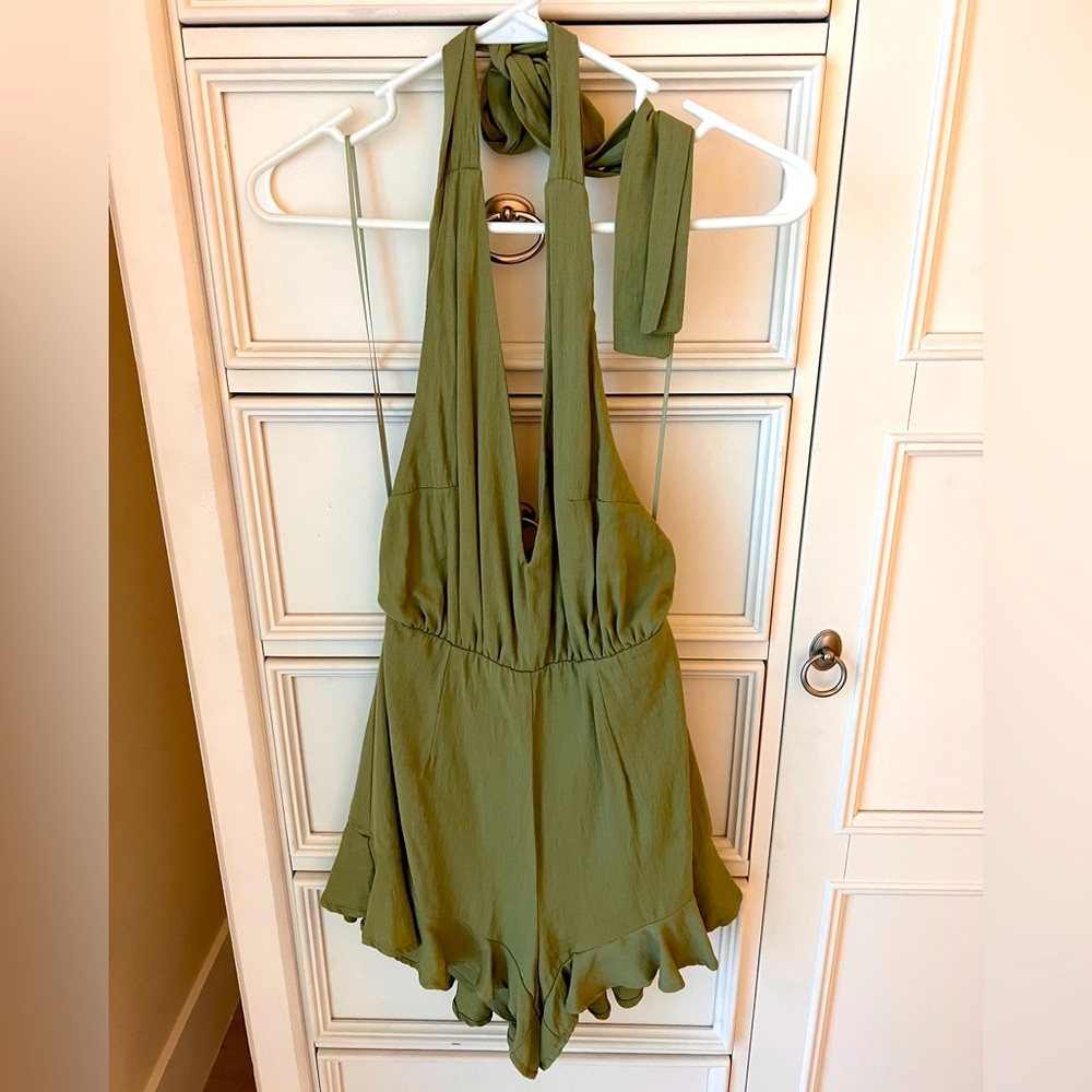 Green Halter Romper with Open Back